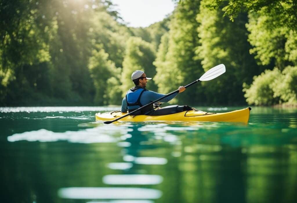 how to kayak. A man in a kayak on a green water river.