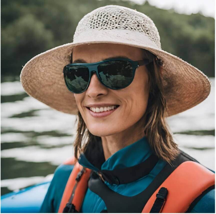what to take when kayaking - a kayak enthusiast wearing hat and sunglasses