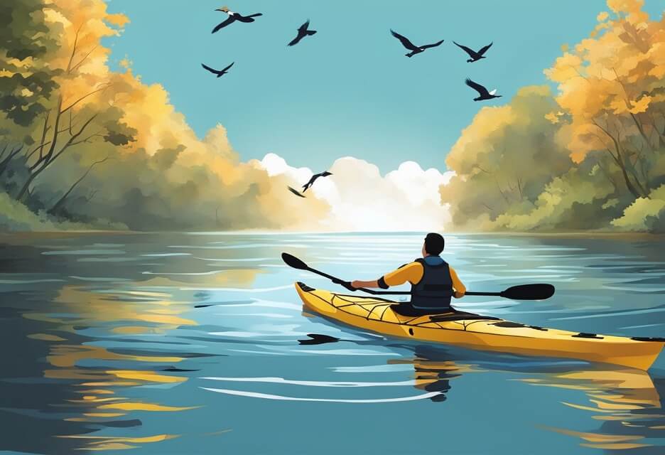 kayak on a river with a flock of birds above
