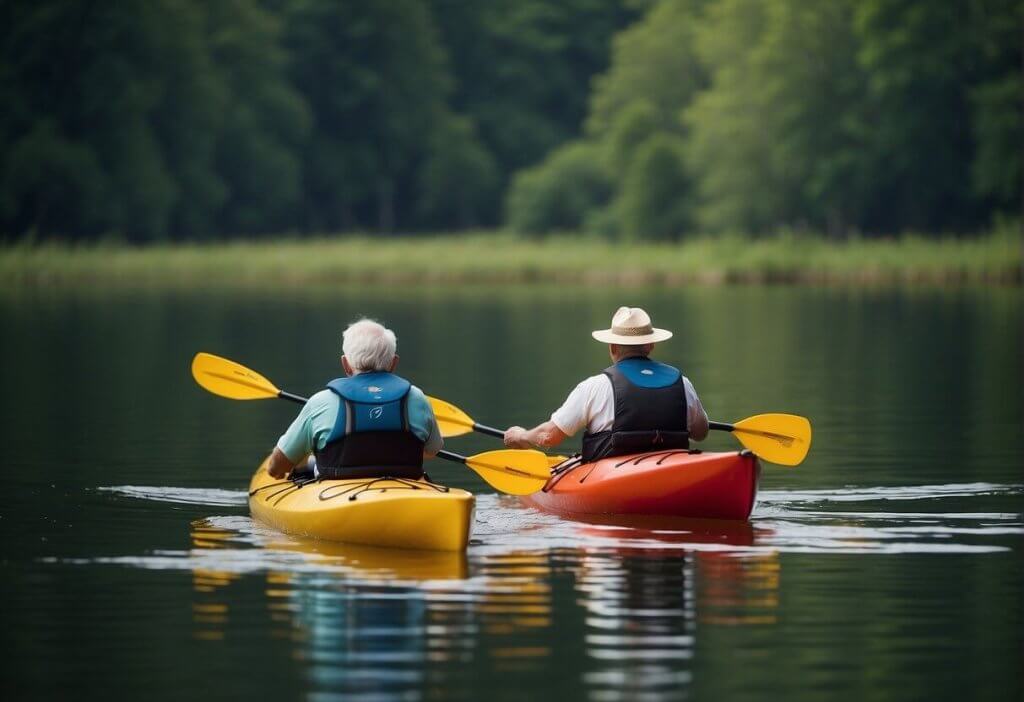 two seniors kayaking in two kayaks