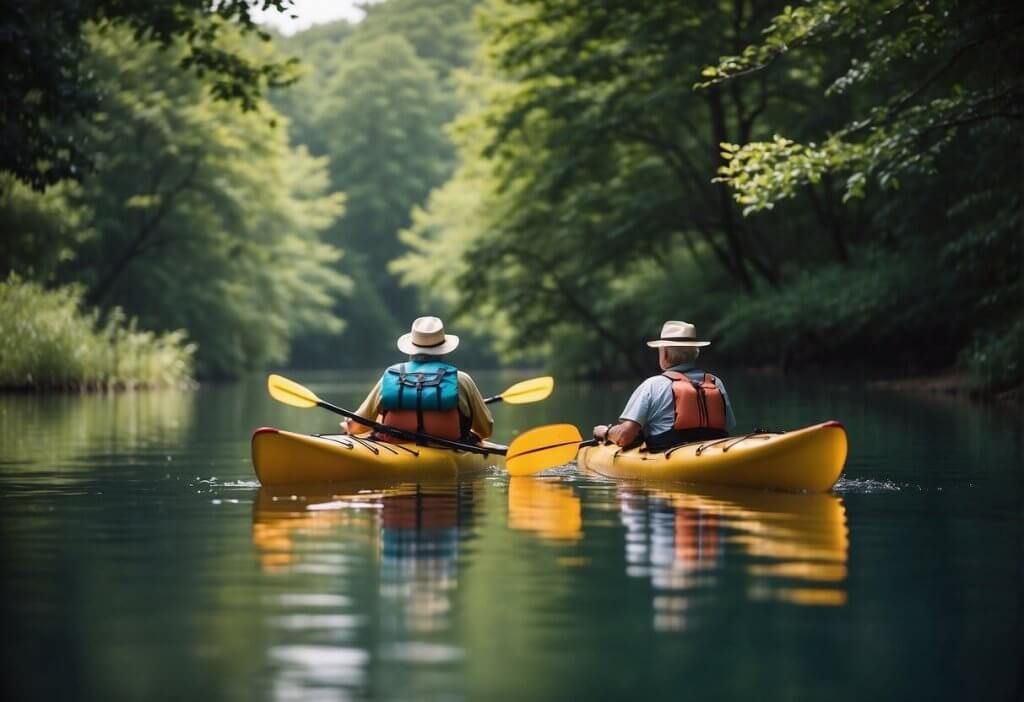 two seniors kayaking on a river